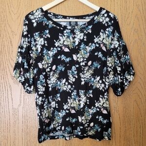 Bobeau black floral short puffed sleeve top S